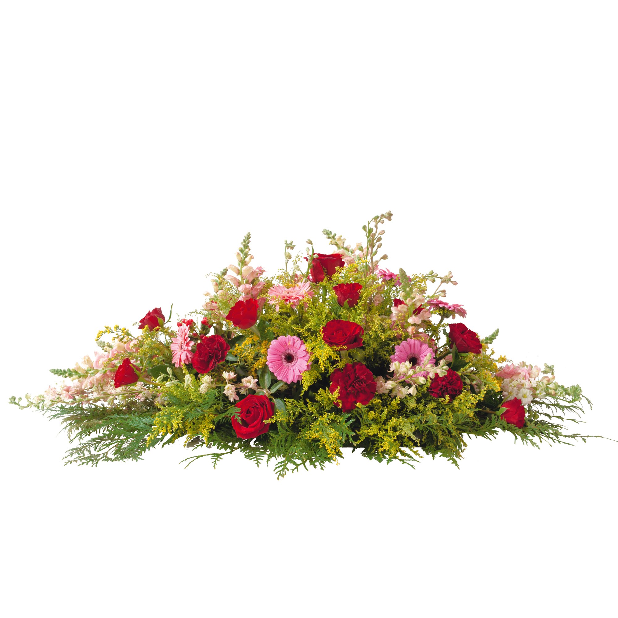 Orange and red funeral spray Réunion Interflora Latvia. Flower Delivery