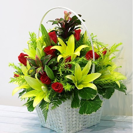 Red and Green Flowers in Basket