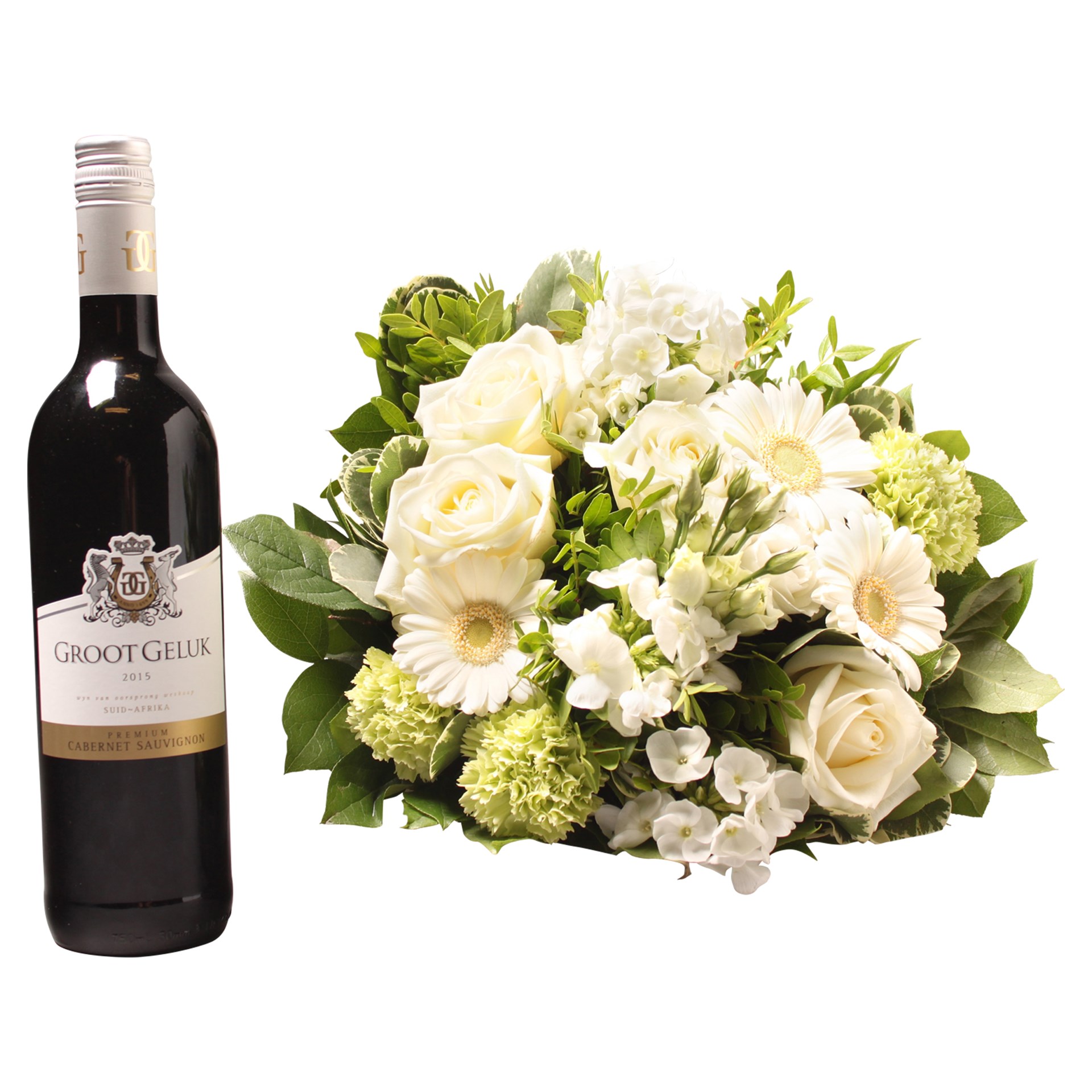 product image for White bouquet with Groot Geluk Red