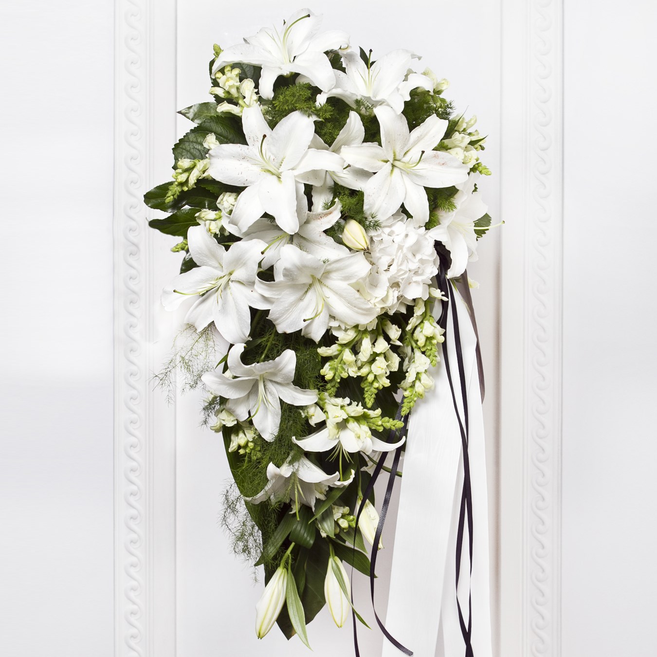 Funeral Bouquet with White Flowers and Ribbon