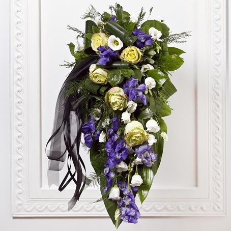 Funeral Bouquet with Blue Flowers and Ribbon