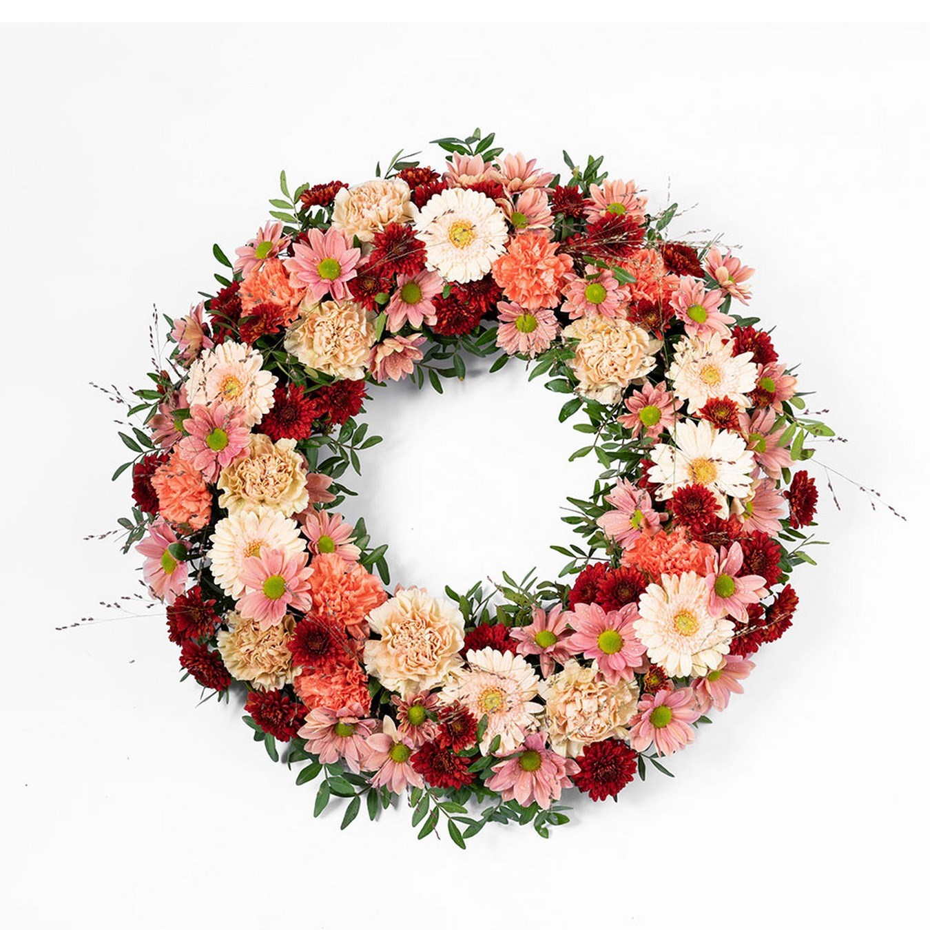 Funeral Wreath Plum and Gold with ribbon