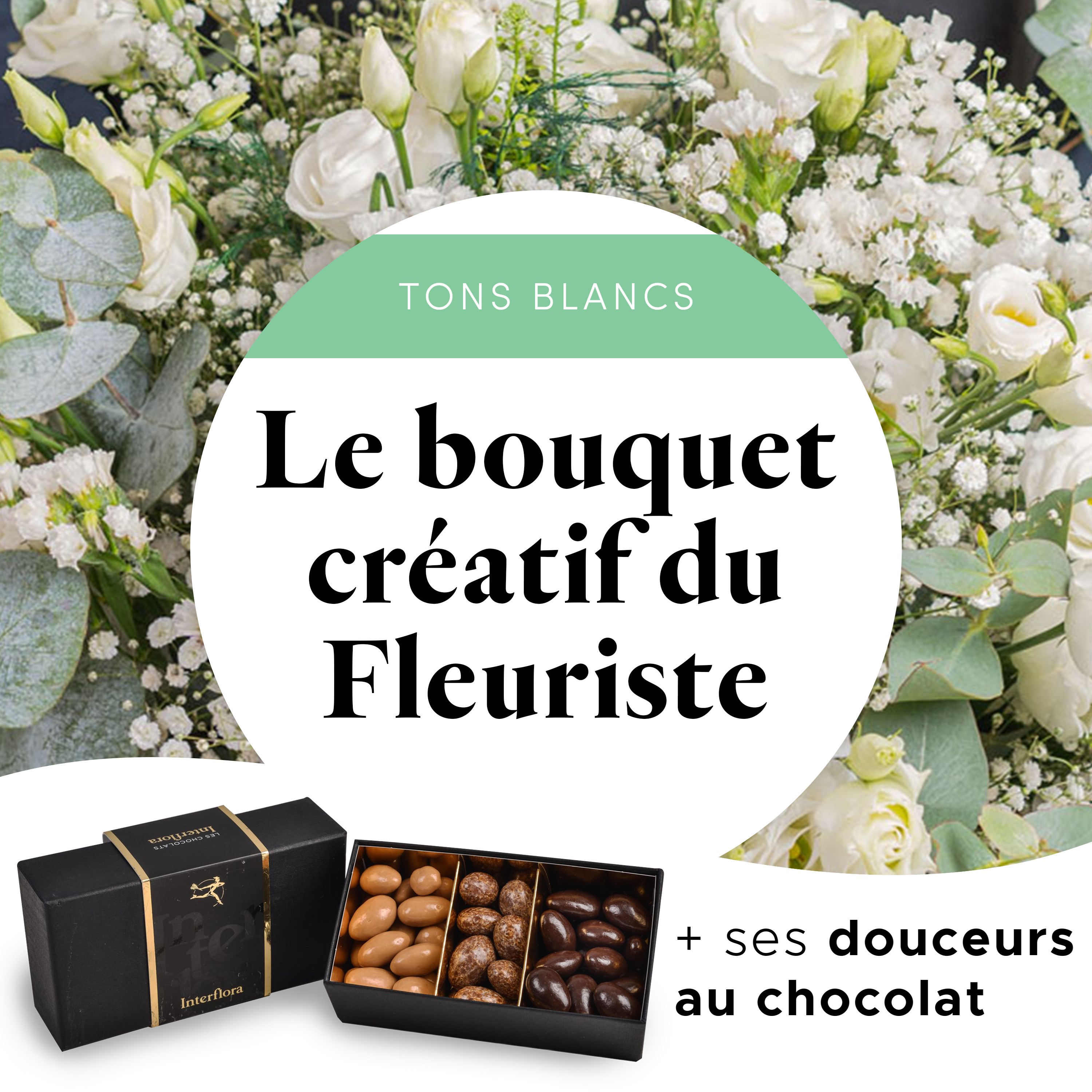 Bouquet blanc du fleuriste et ses amandes au chocolat