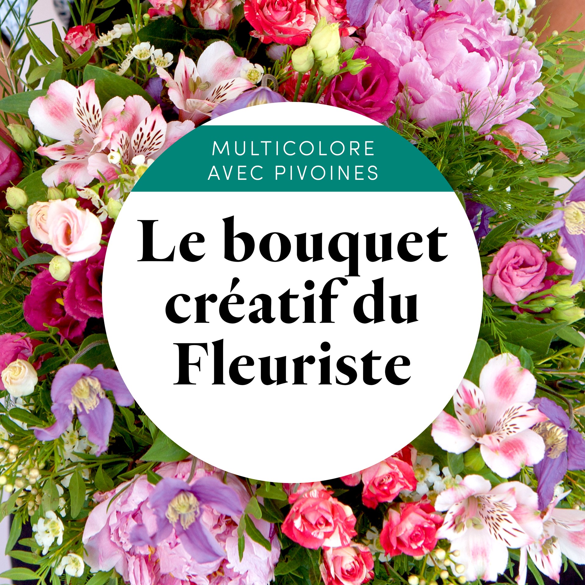 Bouquet creatif du fleuriste multicolore avec pivoines
