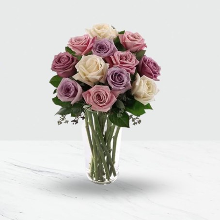 12 Pink and Purple Roses in a Vase