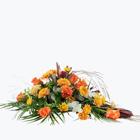 Funeral Bouquet Warm w Ribbon 240439