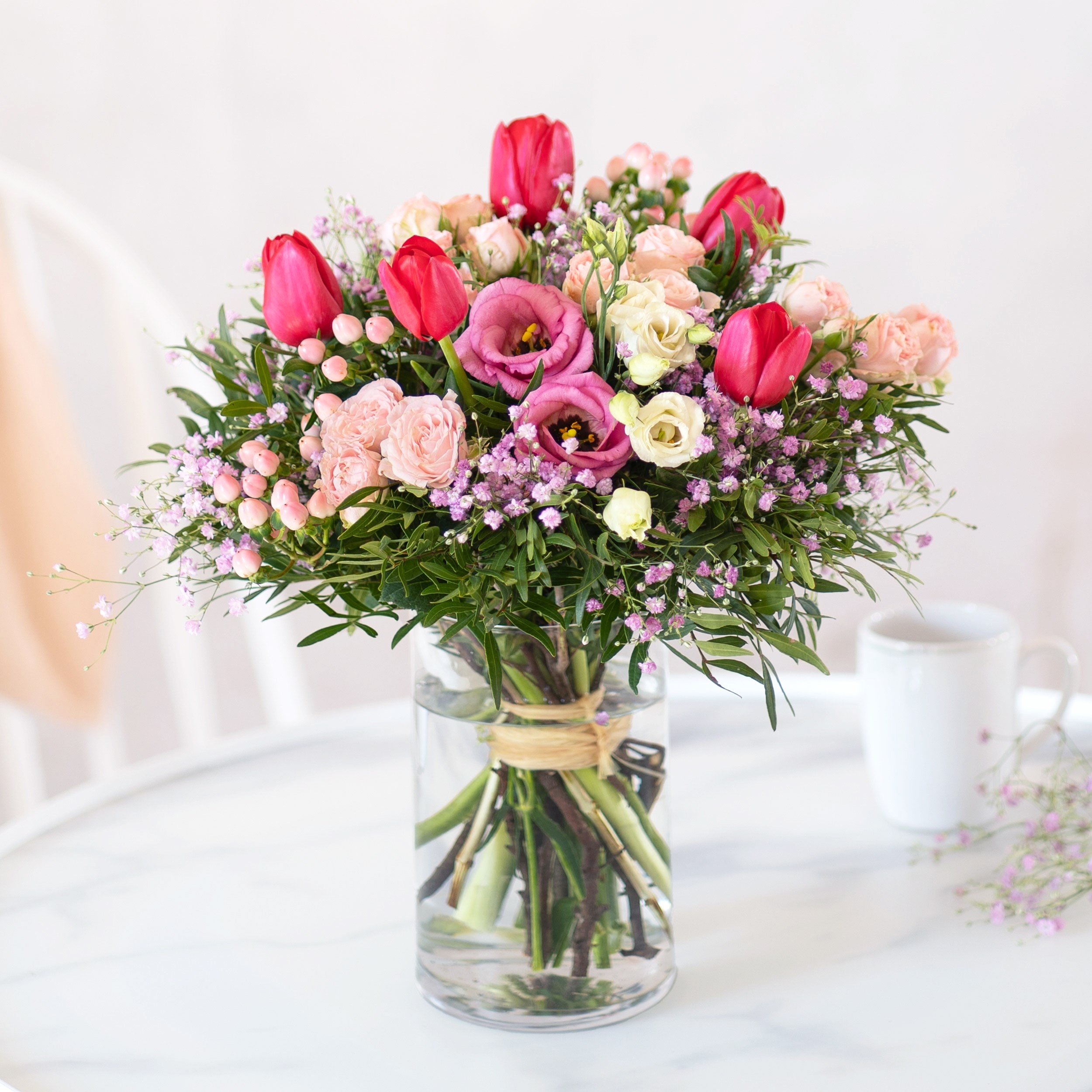 Pink tones bouquet with tulips