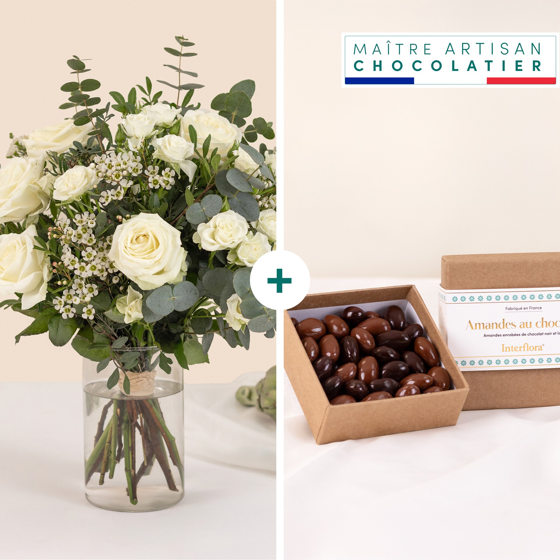 White and green bouquet with chocolates