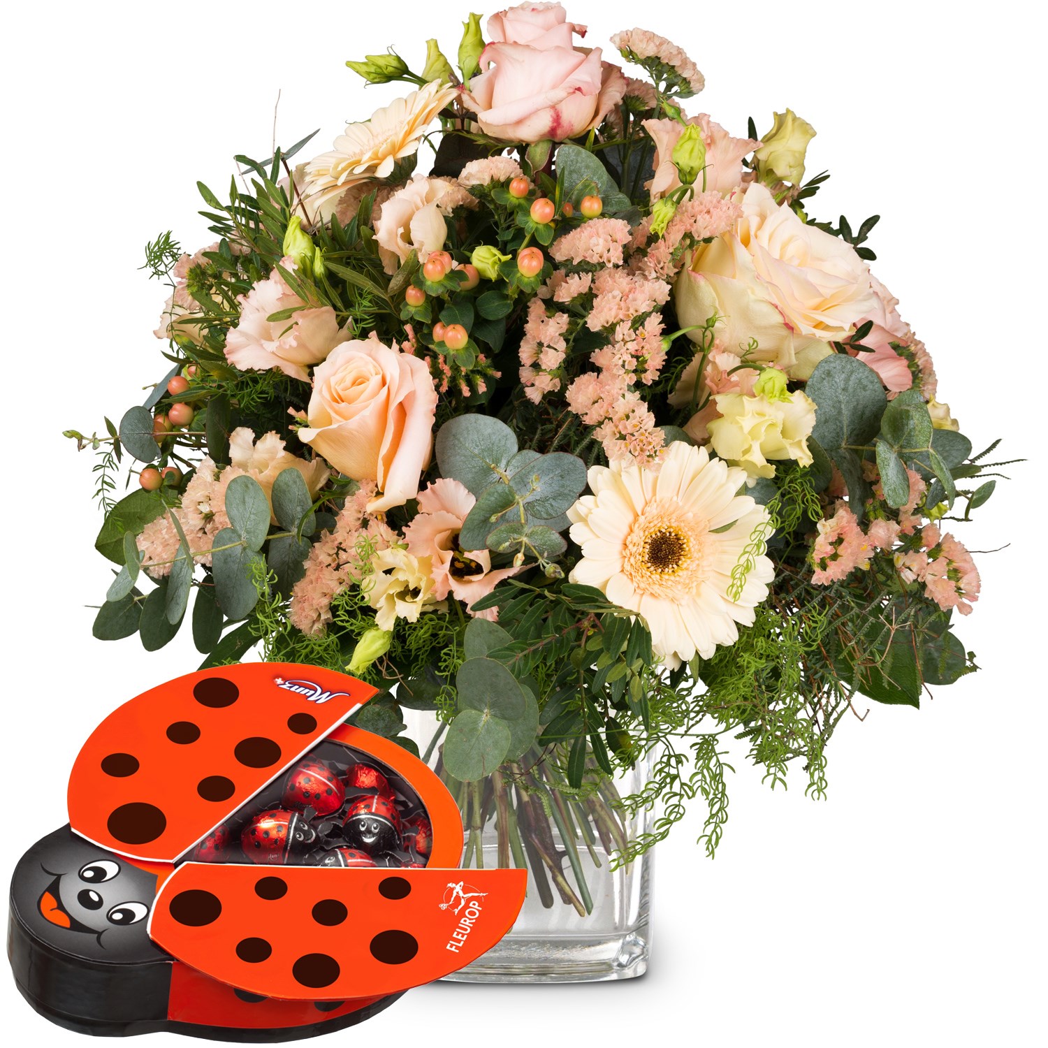 Delicate Seasonal Bouquet with Munz chocolate ladybird