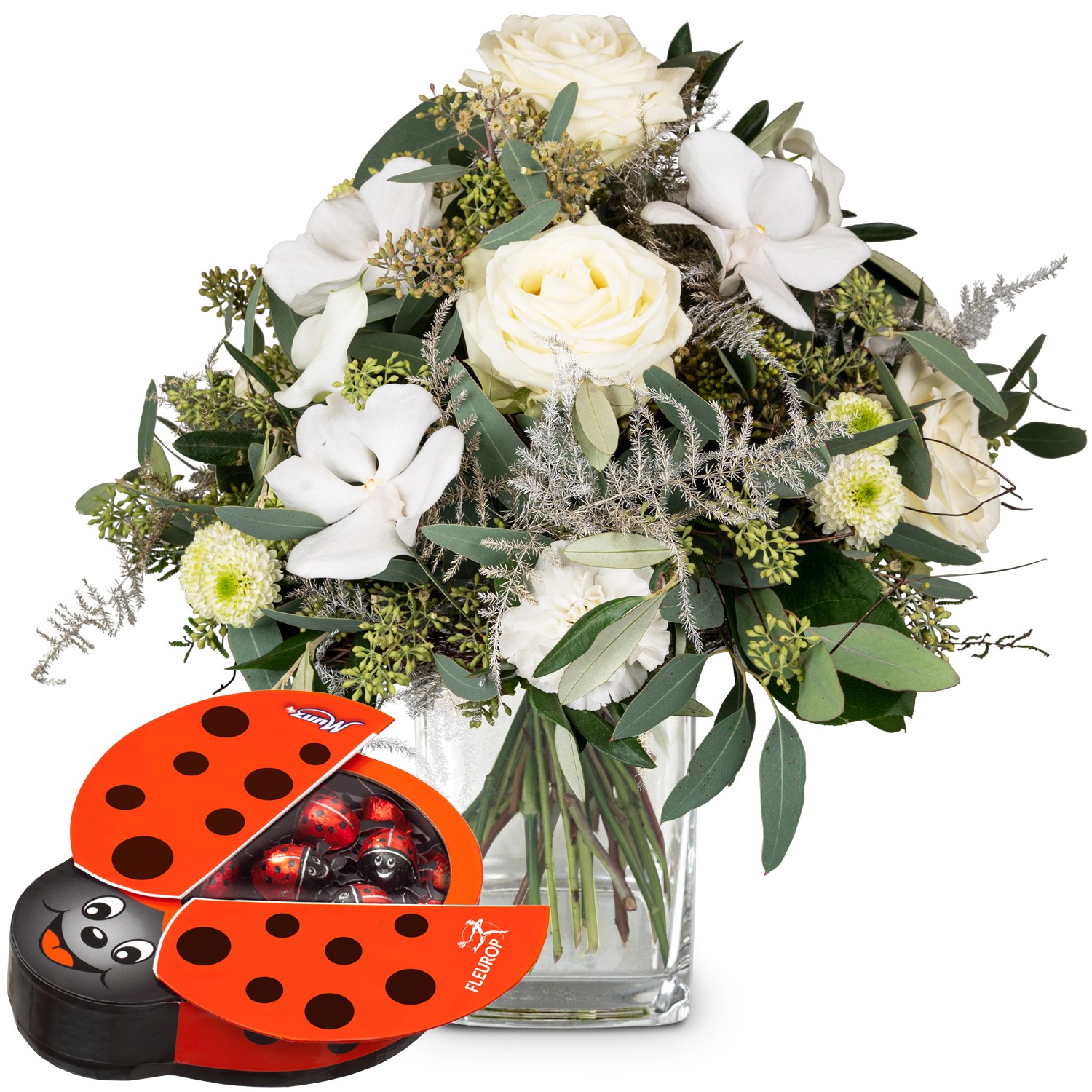 Flower bouquet New Year s Eve with Munz chocolate ladybird