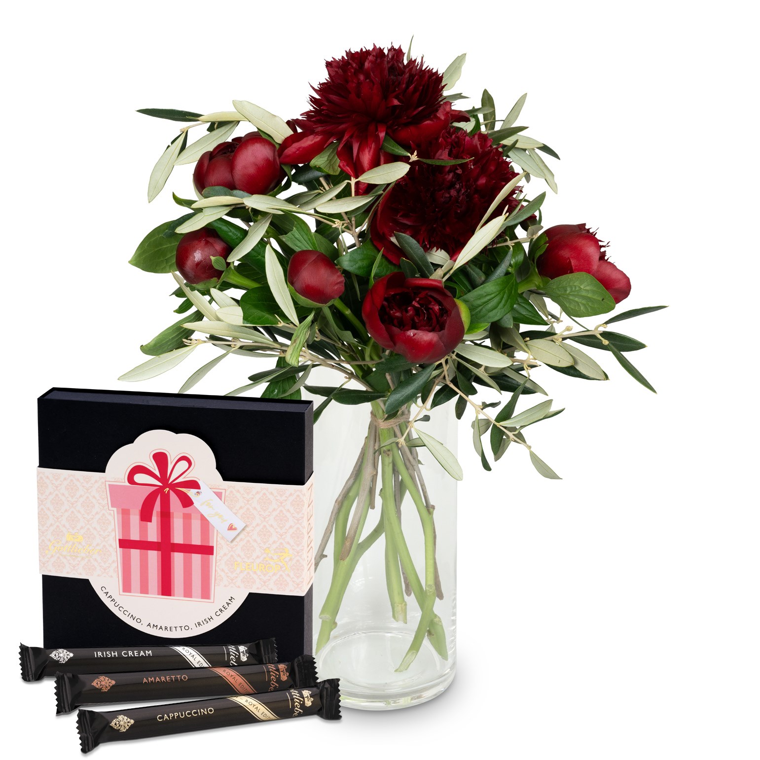 product image for 7 peonies burgundy with greenery and Gottlieber Hueppen 'For