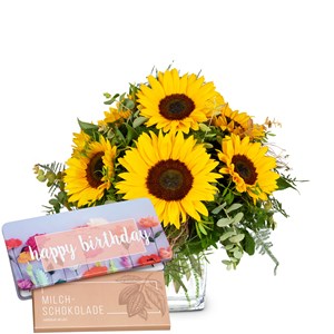 Flower bouquet 'Sunflowers Pure' with Munz bar of chocolate