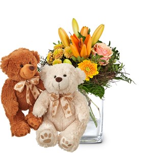Flower bouquet 'Wonderful Day with Lily' with two teddy bear