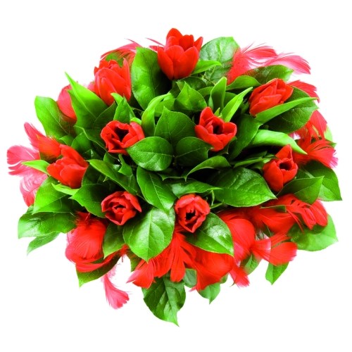 A bouquet of tulips with feathers