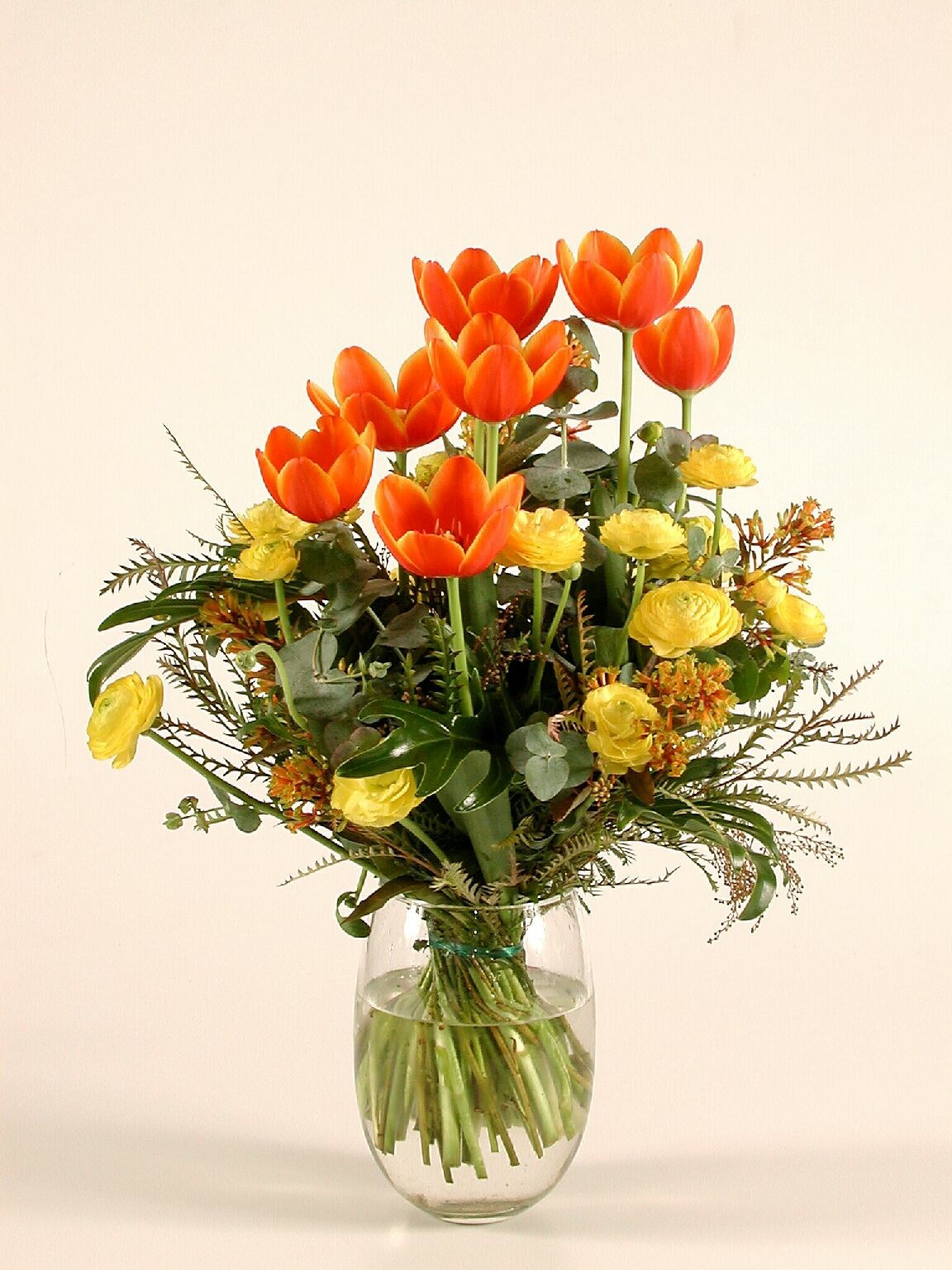 Orange and Yellow Tulips and Buttercups bouq.