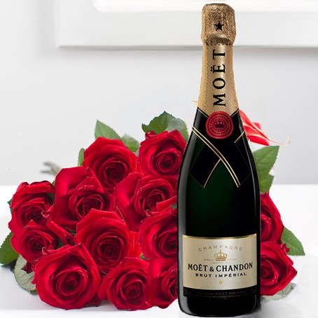 15 red roses and Moet and Chandon champagne