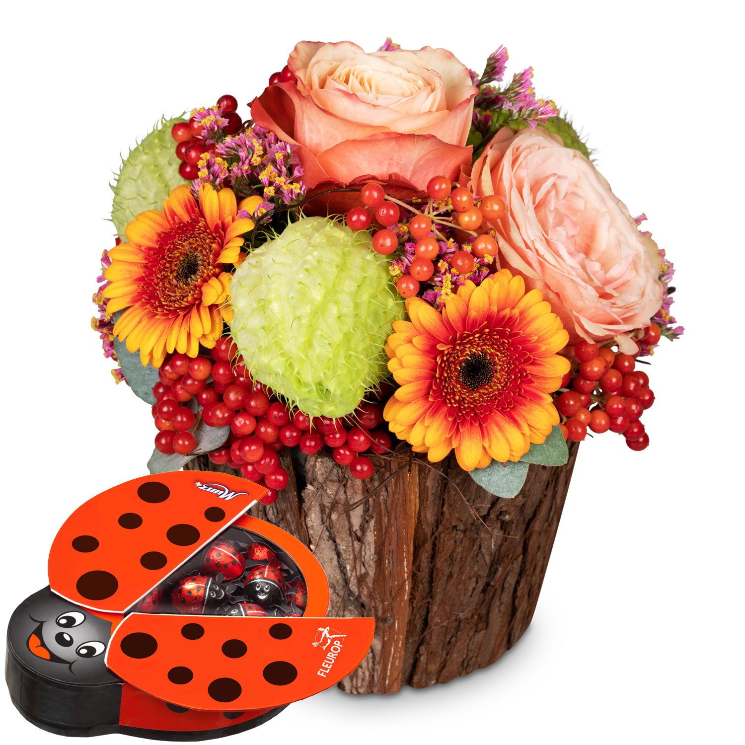 Flower arrangement 'Happy Surprise' with Munz chocolate lady