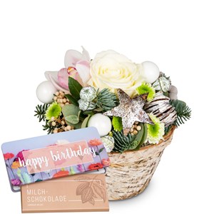 Flower arrangement 'Christmas Glitter' with Munz bar of choc